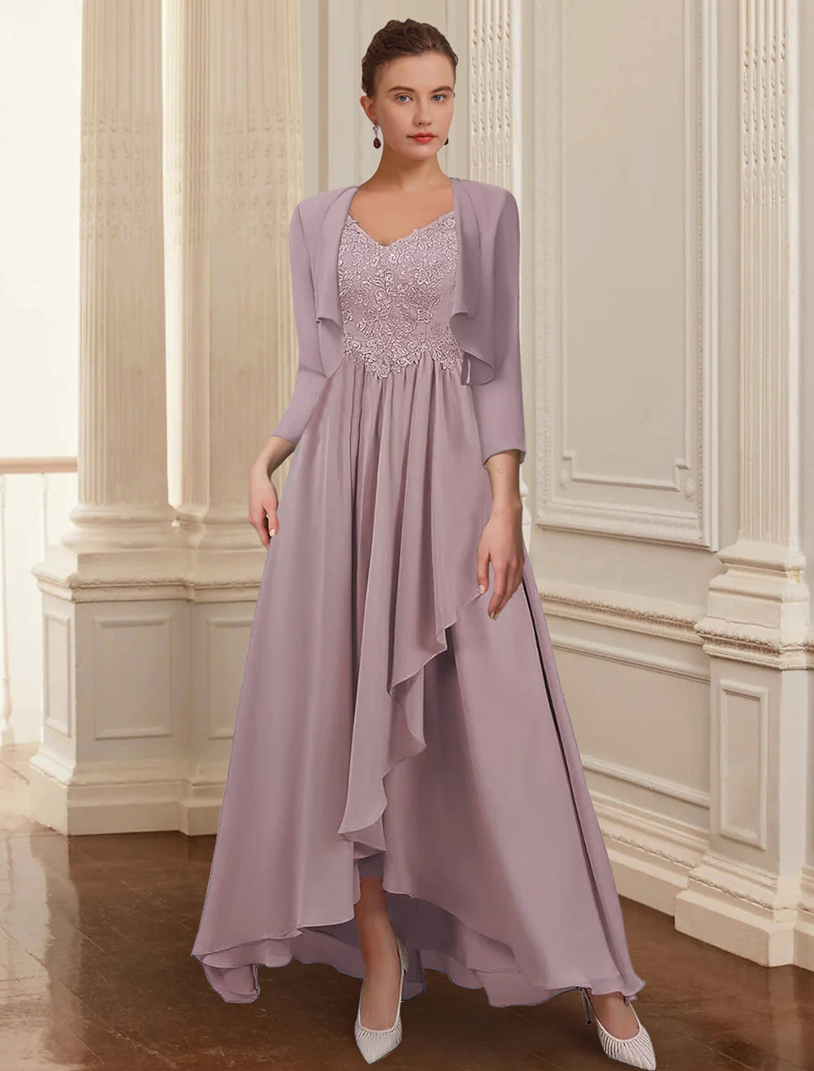 Vestido de dos piezas de corte A para madre de la novia, elegante, formal, para invitada de boda, escote en V alto bajo, asimétrico, largo hasta los tobillos, de gasa, con encaje, mangas 3/4, chaqueta, vestidos con apliques